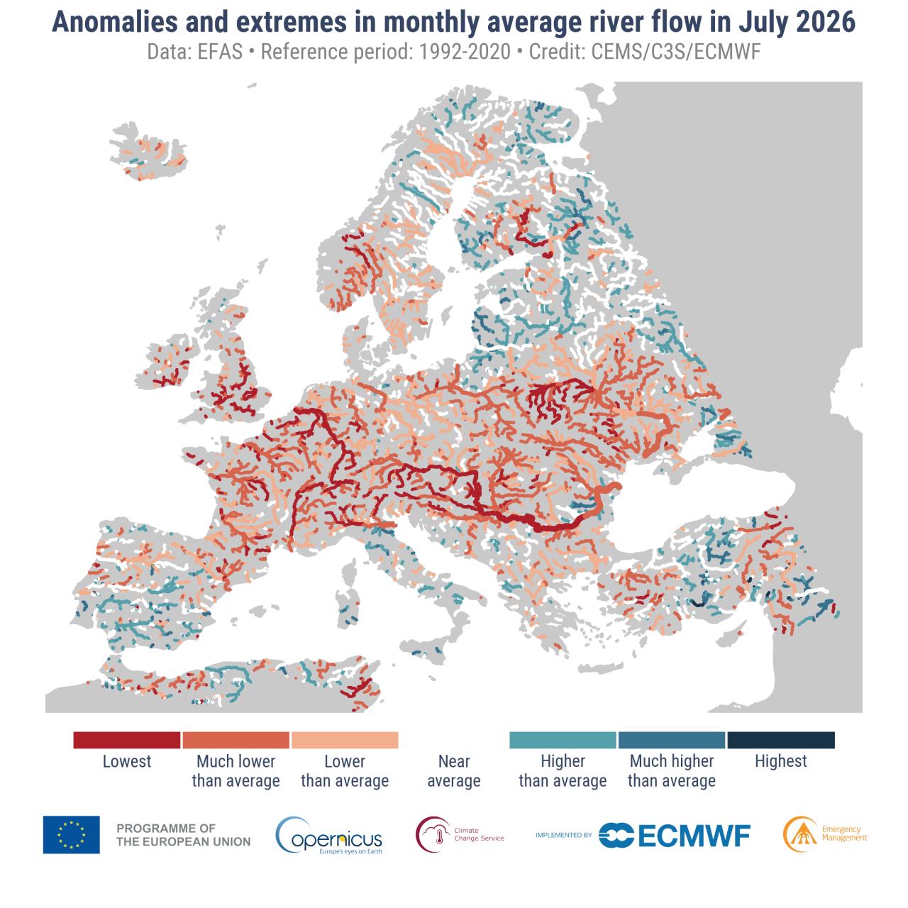 Copernicus map showing monthly river flow anomalies across Europe in July 2026